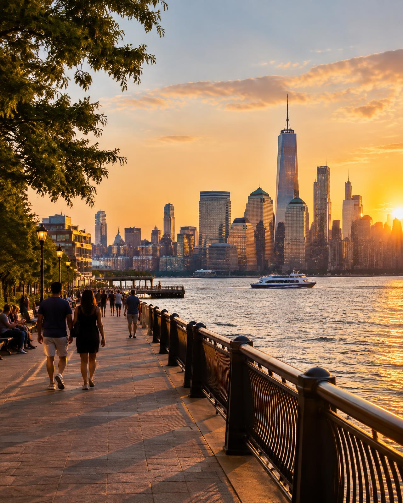 Hoboken waterfront at sunset with the Manhattan skyline